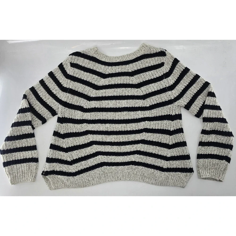 H&M Chunky Knit Sweater Women's Black Off-White Striped Loose Fit Pullover- L‎